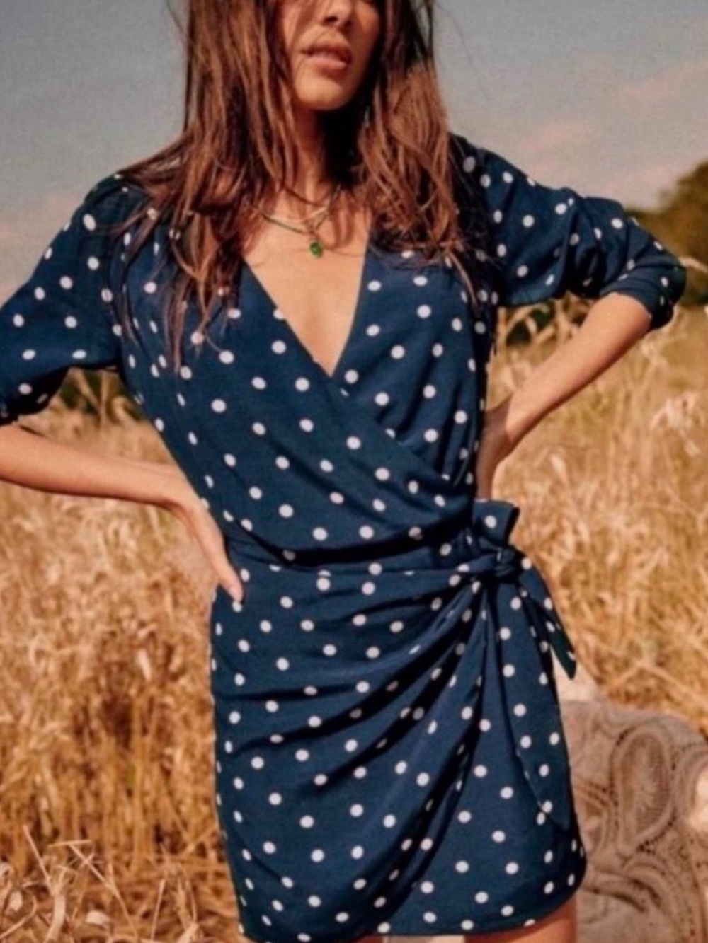 Sezane Navy Blue Polka Dot Wrap Mini Dress